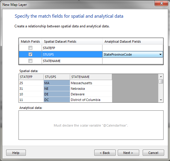Figure 5: New map layer – specify the match fields for spatial and analytical data